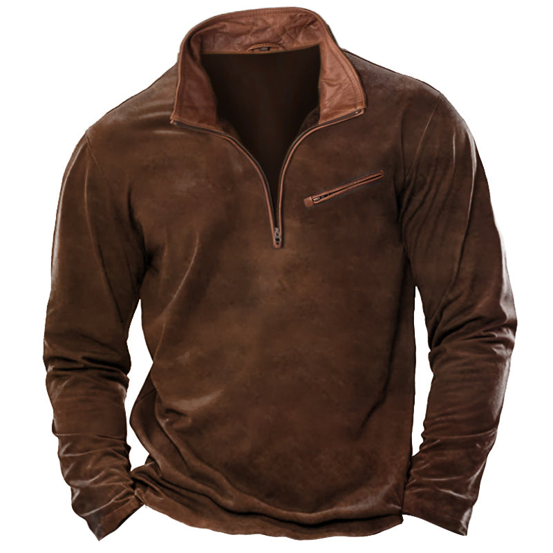 Men's T-Shirt 1/4 Zip Leather Lapel Long Sleeve Vintage Pocket Everyday Pullover