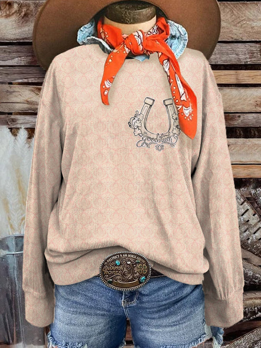 Women's Vintage Clover Horseshoe Art Print Casual Corduroy Sweatshirt