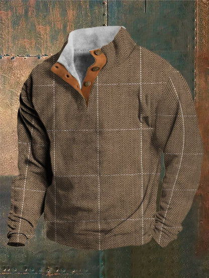 Men's Western Vintage Herringbone Print Stand Collar Button-Up Sweatshirt