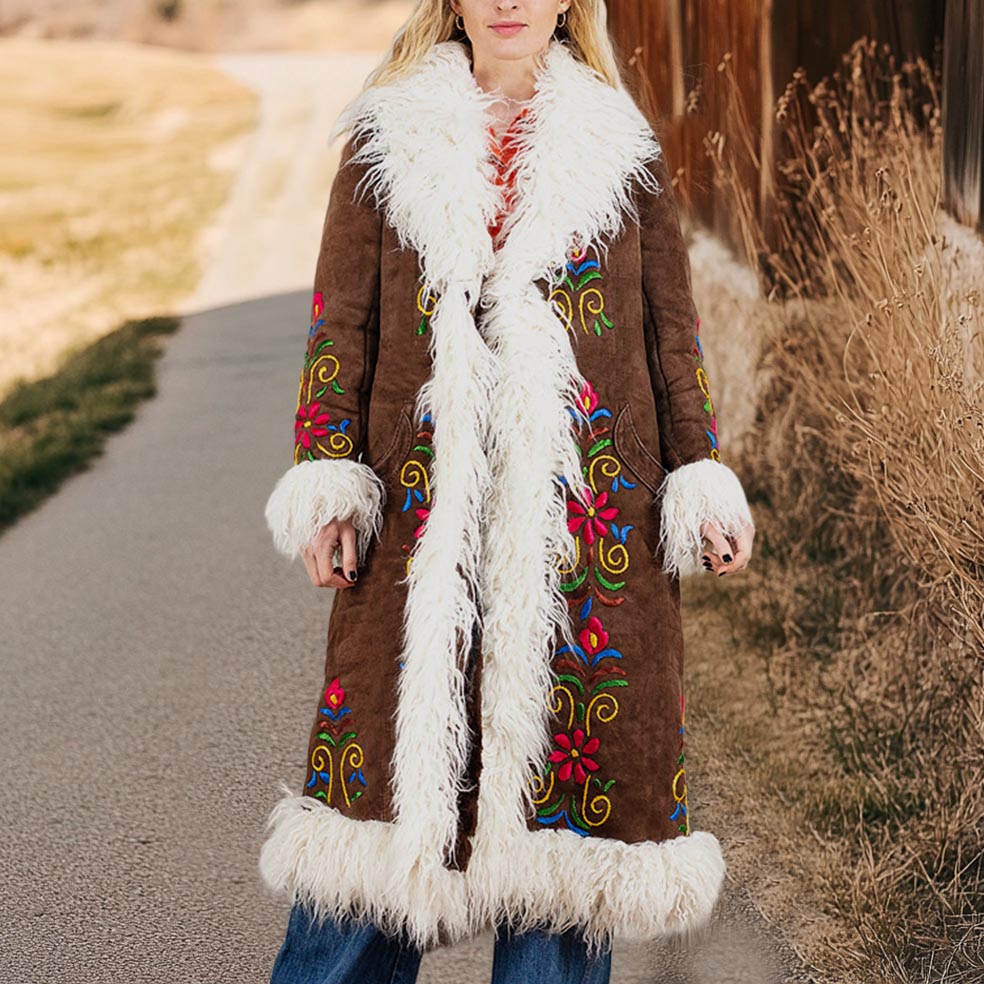 Women's Vintage Flower Print Fur Splicing Long Penny Lane Jacket Afghan Coat