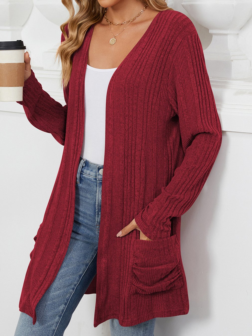 Women's Casual Solid Color Pit Long Sleeve Pocket Cardigan