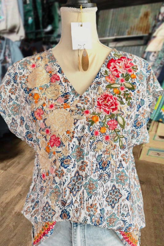 Floral Print Embroidered V-Neck Cap Sleeve Top