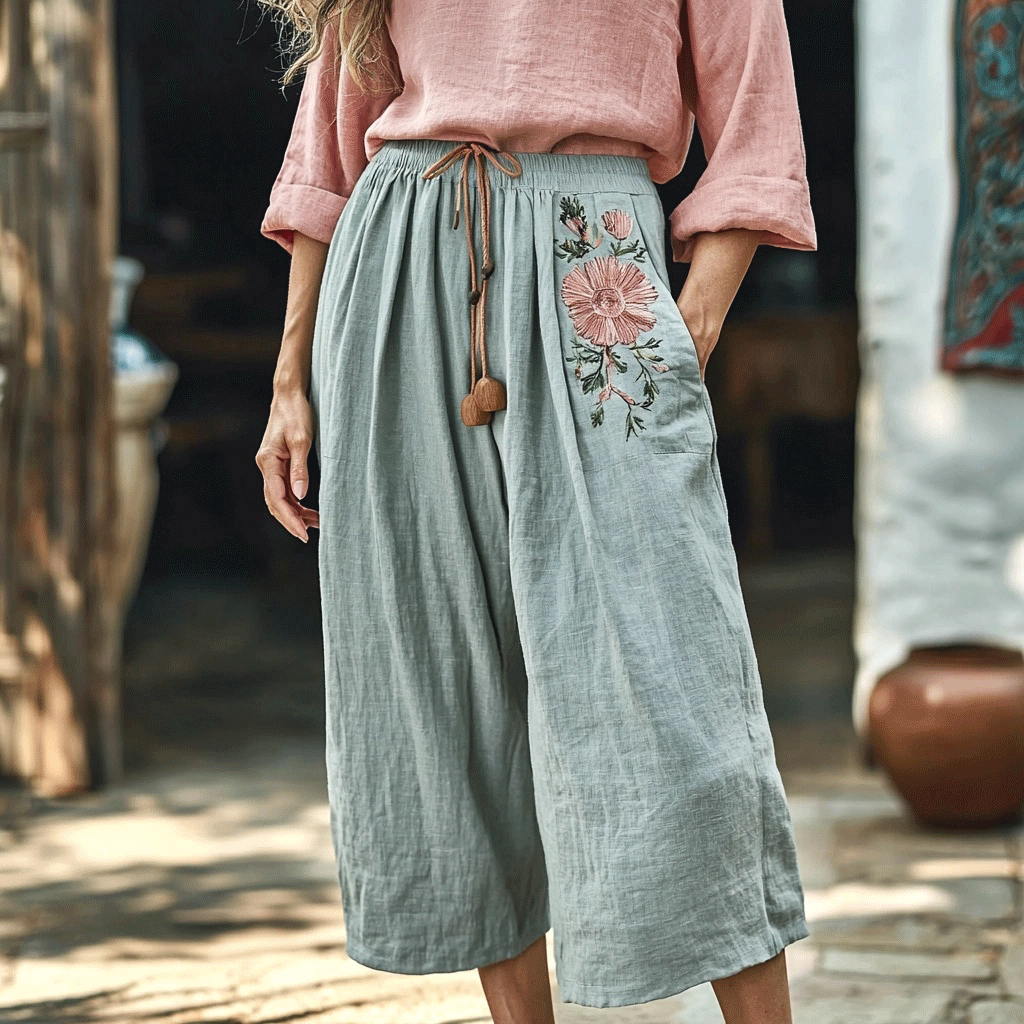 Women's Linen Bohemian Floral Casual Cropped Pants