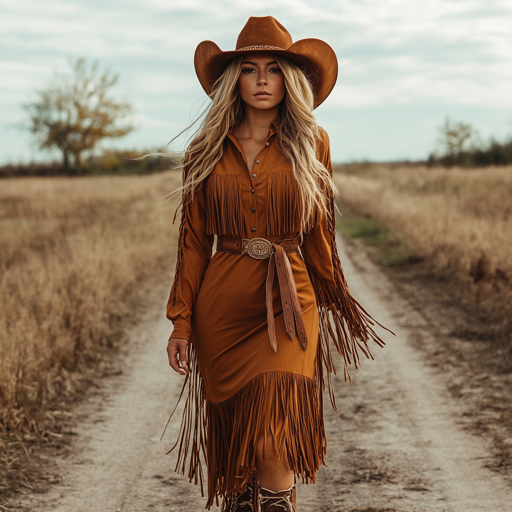 Retro Western Outdoor Women's Tassel Long Shirt Dress Cowboy Style Tassel Dress