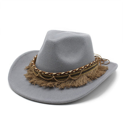 Unisex Fall Vintage Western Cowboy Woolen Tassel Sun Protection Wide Brim Hat