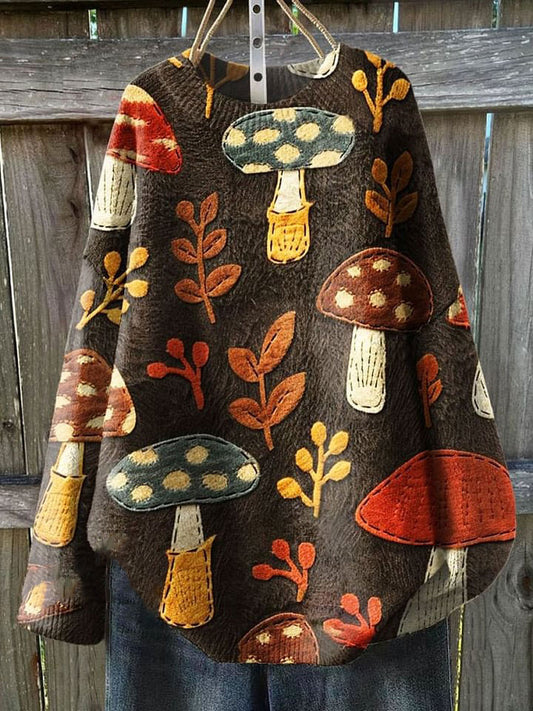 Vintage Mushroom Flower Seamless Pattern Print Knit Pullover Sweater