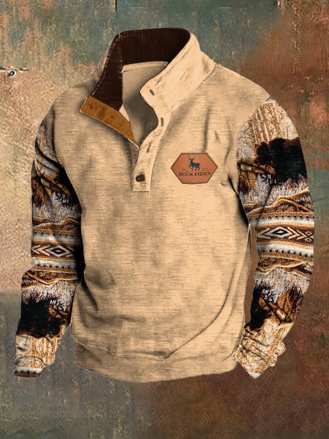 Men's Fleece Vintage Hunting Deer Stand Collar Sweatshirt