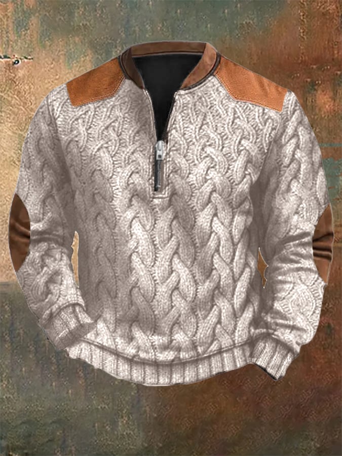 Men's Vintage Knit Print Zip-Up Sweatshirt