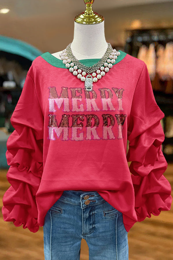 Cute Merry Christmas Print Pleated Sweatshirt