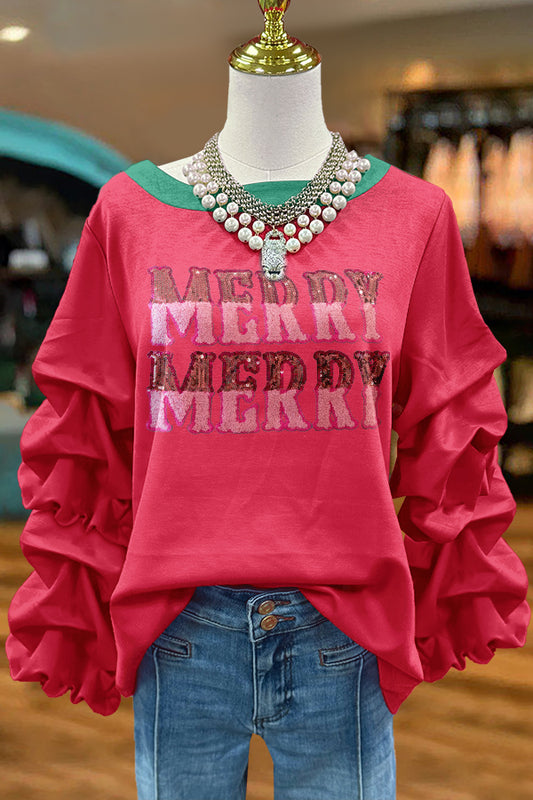 Cute Merry Christmas Print Pleated Sweatshirt