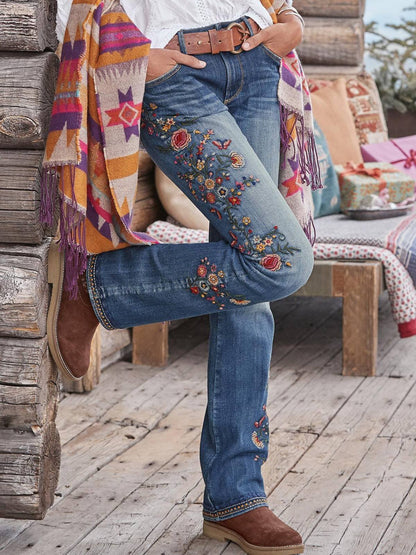 Blue Washed Floral Casual Denim Pants