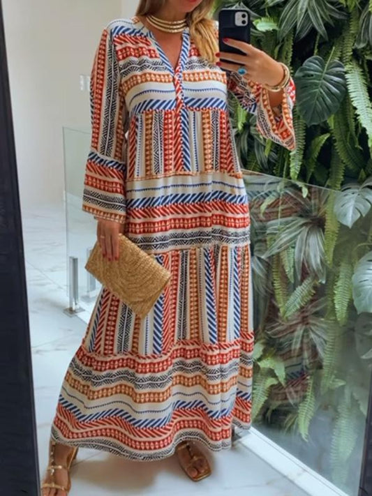 Women's casual resort printed V-neck long dress