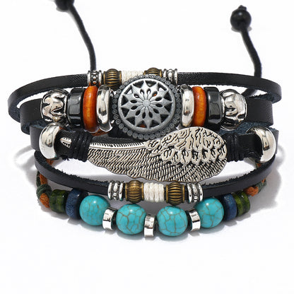 Bohemian Multi-layer Beaded Cowhide Braided Alloy Feather Leather Bracelet