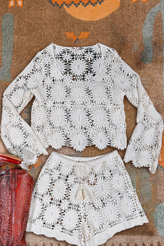 Elegant Sheer Lace Top And Shorts Set