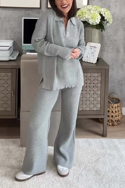 Women's Casual Lapel Long Sleeve Knitted Sweater Pants Suit