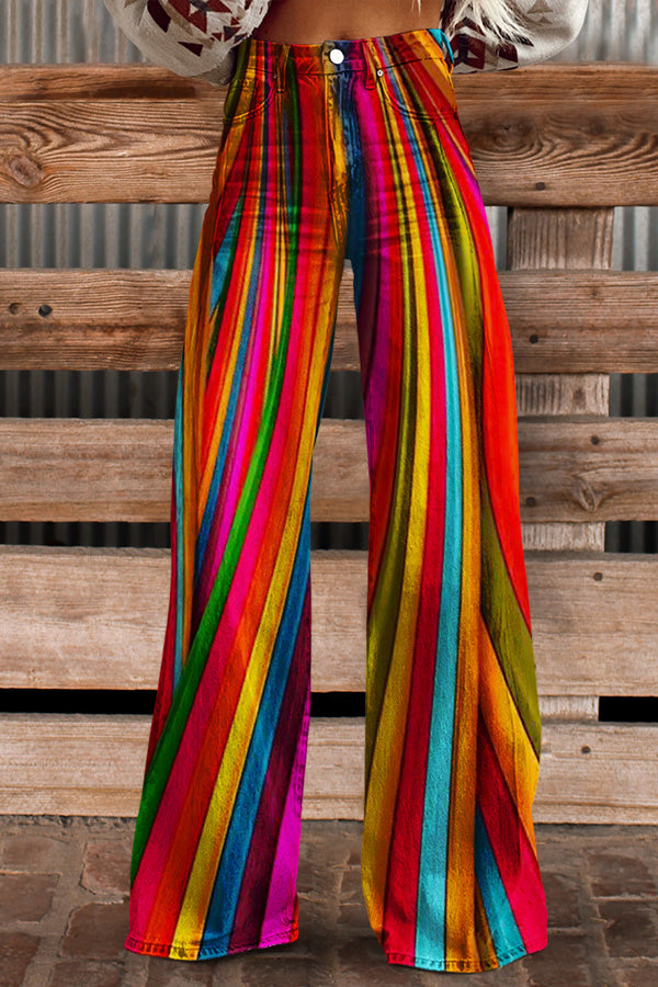 Vintage Rainbow Stripe Art Print Casual Wide Leg Pants