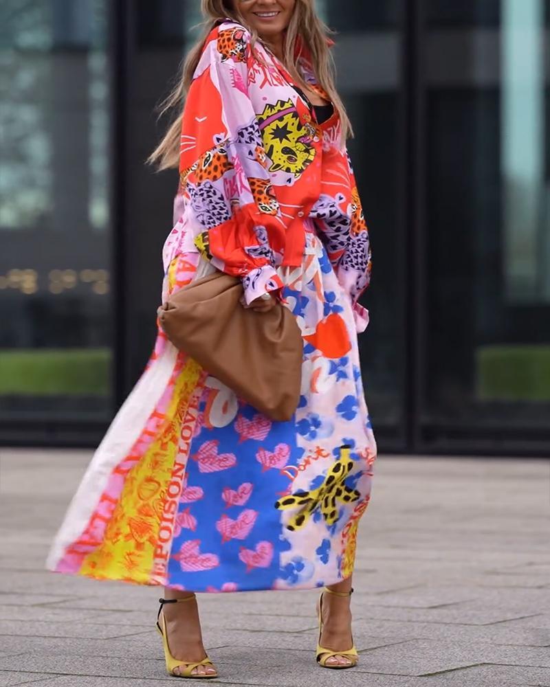 Women's Colorful Printed Suit Shirt Long Sleeve and Long Skirt Two-piece Set