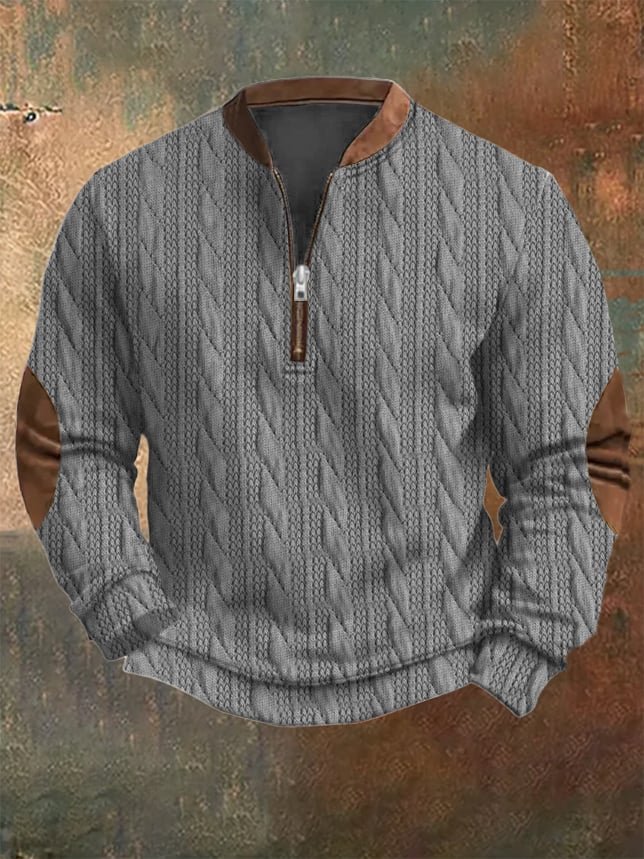 Men's Western Vintage Knitted Patchwork Printed Zip Collar Sweatshirt