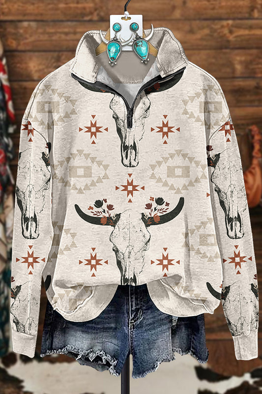 Western Aztec Cow Head Zipper Sweatshirt