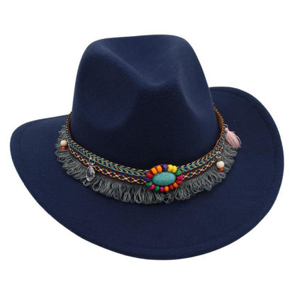 Men's Vintage Western Ethnic Tassels Cowboy Hat Knight Woolen British Felt Hat