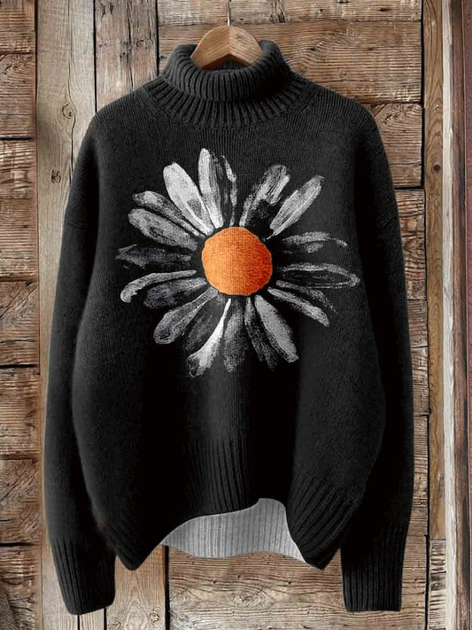 Daisy Print Knit Turtleneck Pullover Sweater