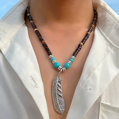 Bohemian Vintage Wood Bead Turquoise Feather Necklace