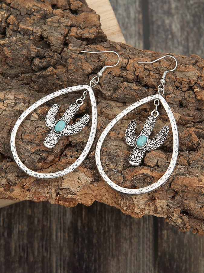 Retro Water Drop Hollow Out Cactus Turquoise Earrings