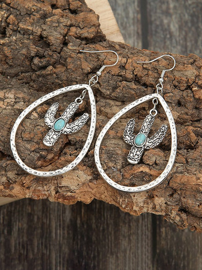 Retro Water Drop Hollow Out Cactus Turquoise Earrings