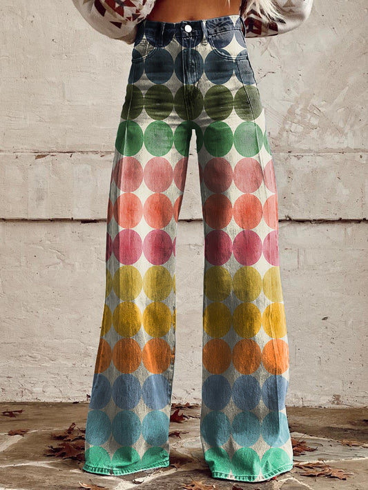 Women's Vintage Multicolor Abstract Art Print Wide Leg Pants