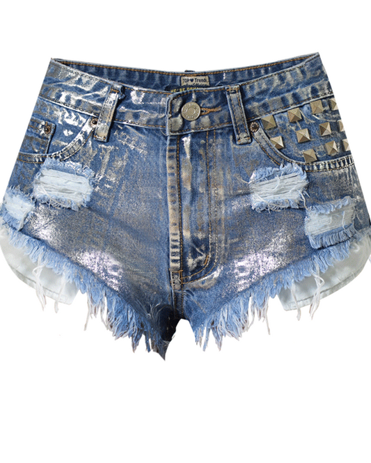 High-Waisted Slim-Fit Ripped Studded Denim Metallic Silver Denim Shorts