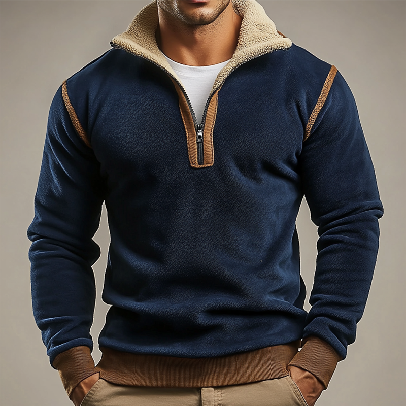 Men's Vintage Suede Patchwork Lamb Fleece Quarter Zip Stand Collar Pullover