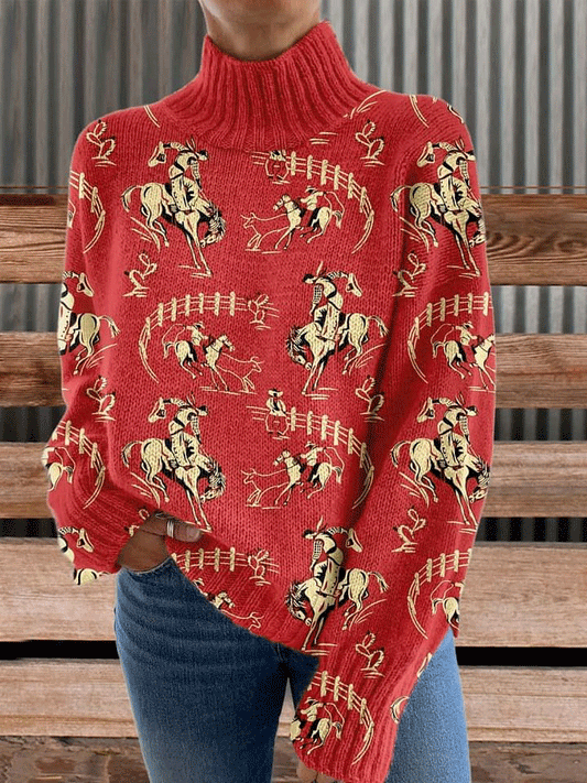 Red Rodeo Print Knit Turtleneck Pullover Sweater