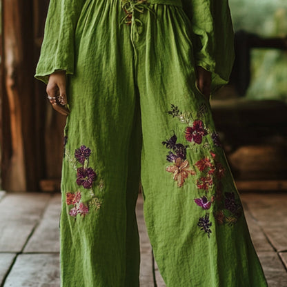 Bohemian Holiday Style Retro Linen Floral Ethnic Totem Print Casual Pants