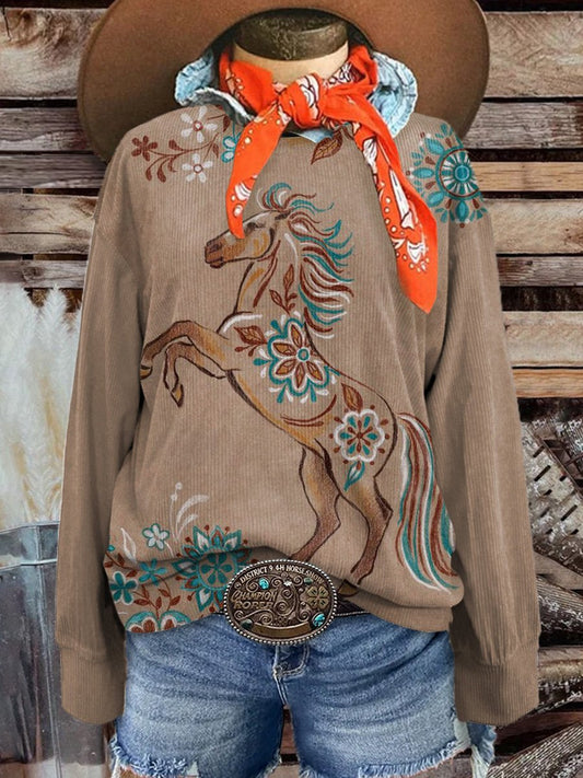 Women's Khaki Western Horse Casual Print Corduroy Sweatshirt