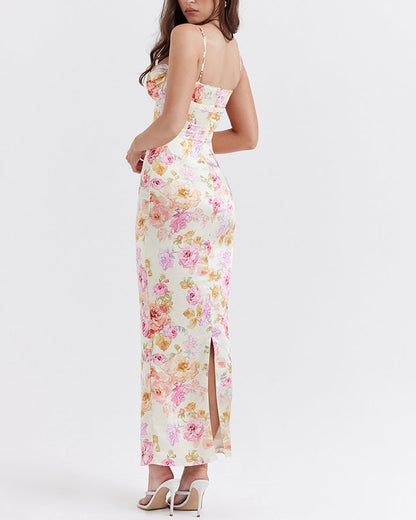 Printed Suspender Long Skirt Sexy Open Back Slit Holiday Style Floral Dress