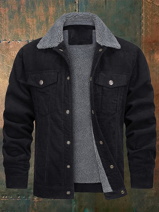 Men's Casual Fleece Lined Lapel Corduroy Trucker Jacket