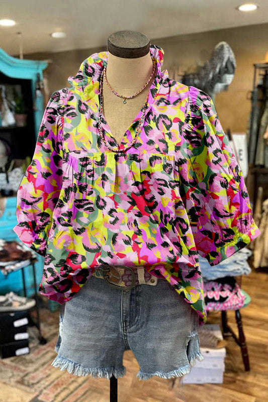 Cute Mardi Gras Leopard Print Puff Sleeve Blouse