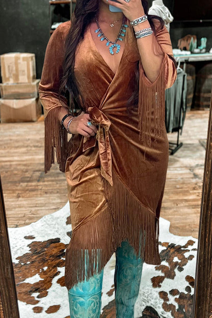 Retro V-Neck Velvet Fringe Wrap Dress