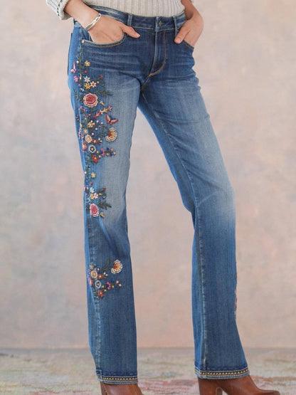 Blue Washed Floral Casual Denim Pants