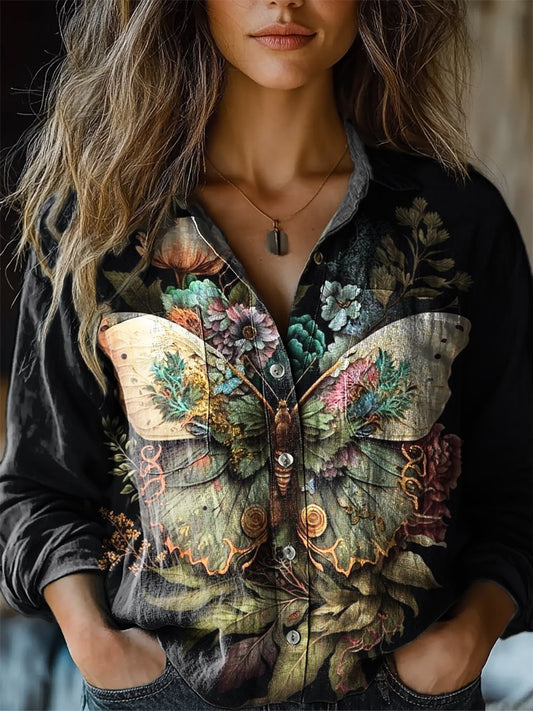 Vintage Butterfly Floral Print Casual Long Sleeve Cotton Shirt