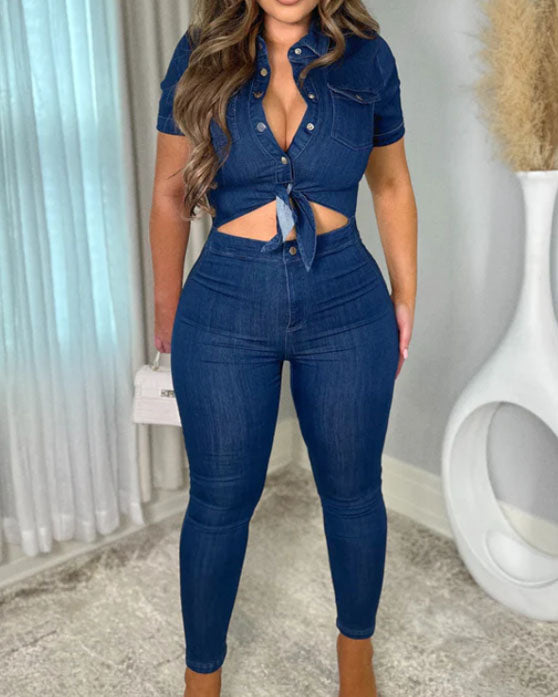 Short-Sleeved Hollow Denim Jumpsuit