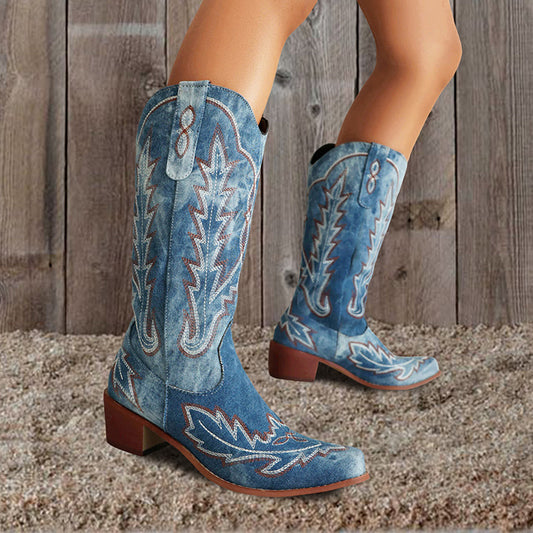 Embroidered Mid Calf Western Boots