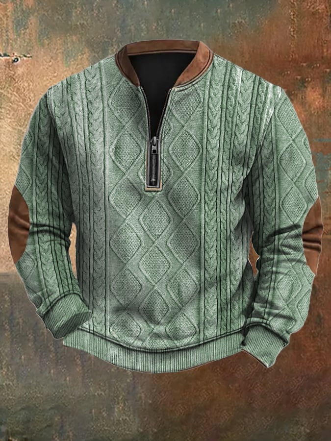 Men's Vintage Knit Print Zip-Up Sweatshirt