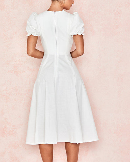 Solid Color Puff Sleeve Square Neck Dress