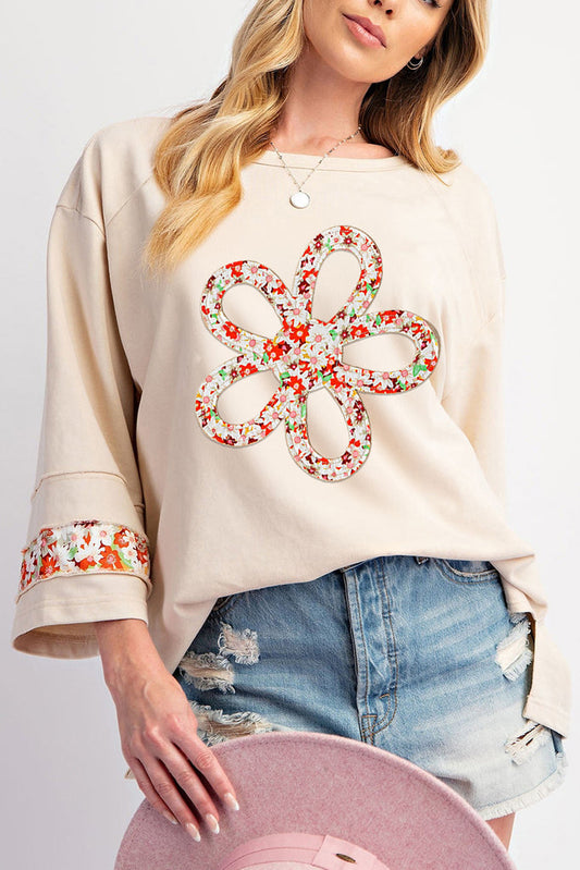 Cut-Out Flower Patch Patchwork 3/4 Sleeved Sweatshirt