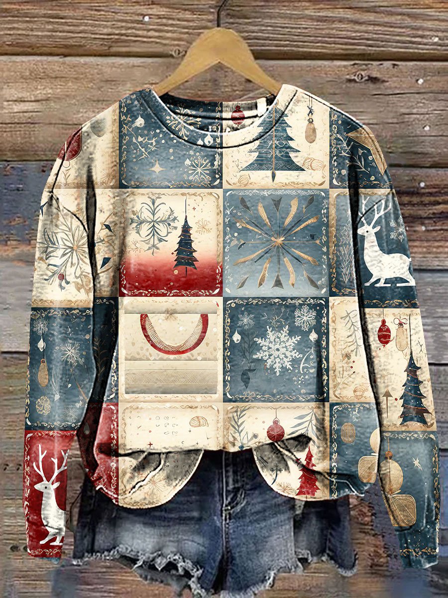 Vintage Christmas Gift Patchwork Art Print Casual Sweatshirt