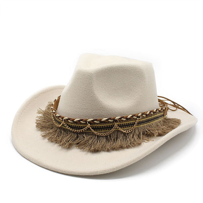 Unisex Fall Vintage Western Cowboy Woolen Tassel Sun Protection Wide Brim Hat