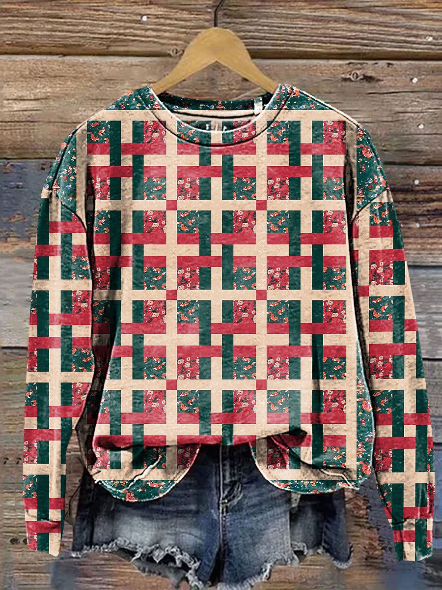 Vintage Plaid Floral Art Print Casual Sweatshirt