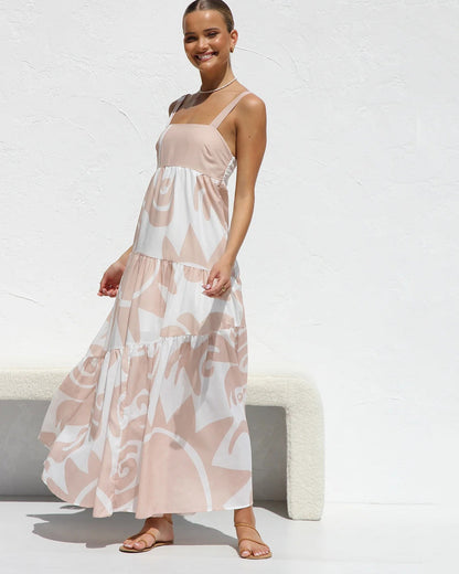 Simple Printed Suspender Maxi Dress with Large Skirt