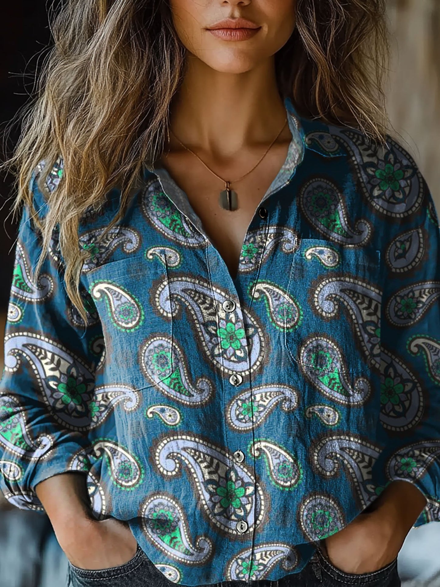 Women's Vintage Blue Paisley Floral Print Casual Long Sleeve Comfortable Cotton Shirt